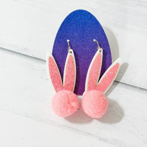 Pink Glitter Pom Pom Bunny Ear Earrings - Picture 5 of 11